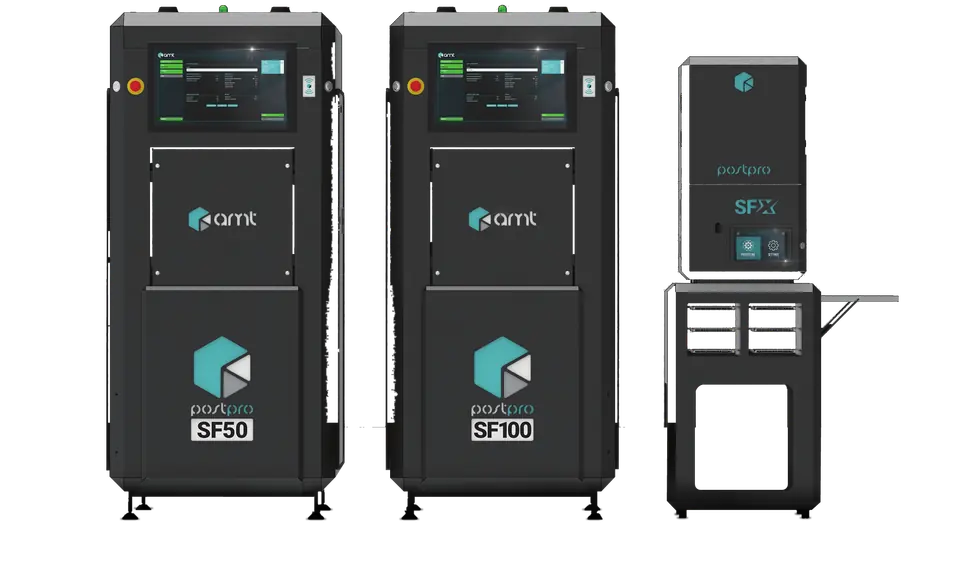 PostPro SF50, SF100 and SFX vapor smoothing systems side by side on a dark stage