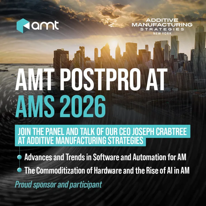 AMT PostPro at AMS 2026: a New York skyline graphic announcing CEO Joseph Crabtree’s panel and talk at Additive Manufacturing Strategies