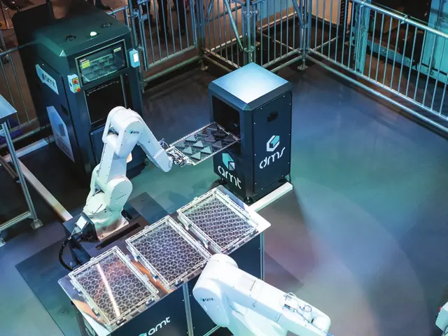 Overhead view of a DMS automation cell: a robot arm carries a tray of parts between a PostPro vapor smoothing system and the DMS tray station
