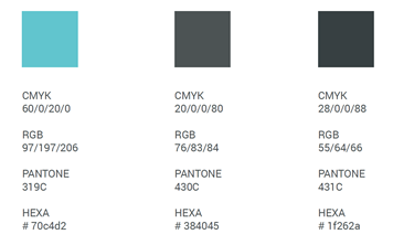 AMT color palette: turquoise and two dark grays, each with its CMYK, RGB, Pantone and hex values