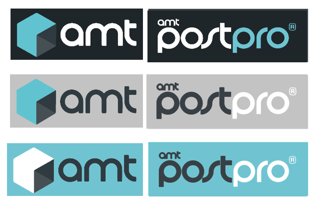 Preferred logo color combinations: the AMT and PostPro logos on dark, light gray and turquoise backgrounds