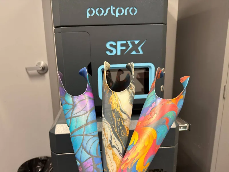 Three colorful 3D-printed upper limb prosthetic sockets in front of a PostPro SFX