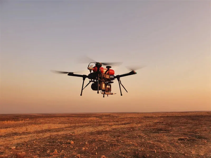Hydrogen fuel-cell drone in flight low over open desert at dusk