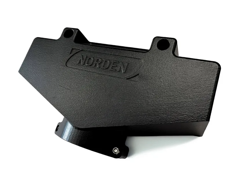 Black 3D-printed trim waste chute with the Norden logo on its side