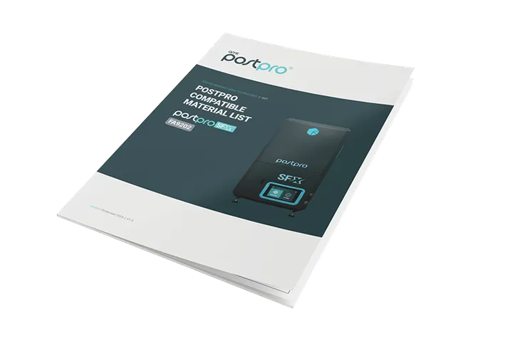 Cover of the PostPro SFX compatible materials list: polypropylene (FA9202)