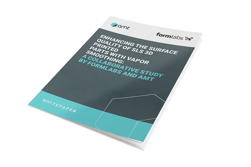 Cover of the whitepaper “Formlabs and AMT: surface quality of SLS parts with vapor smoothing”